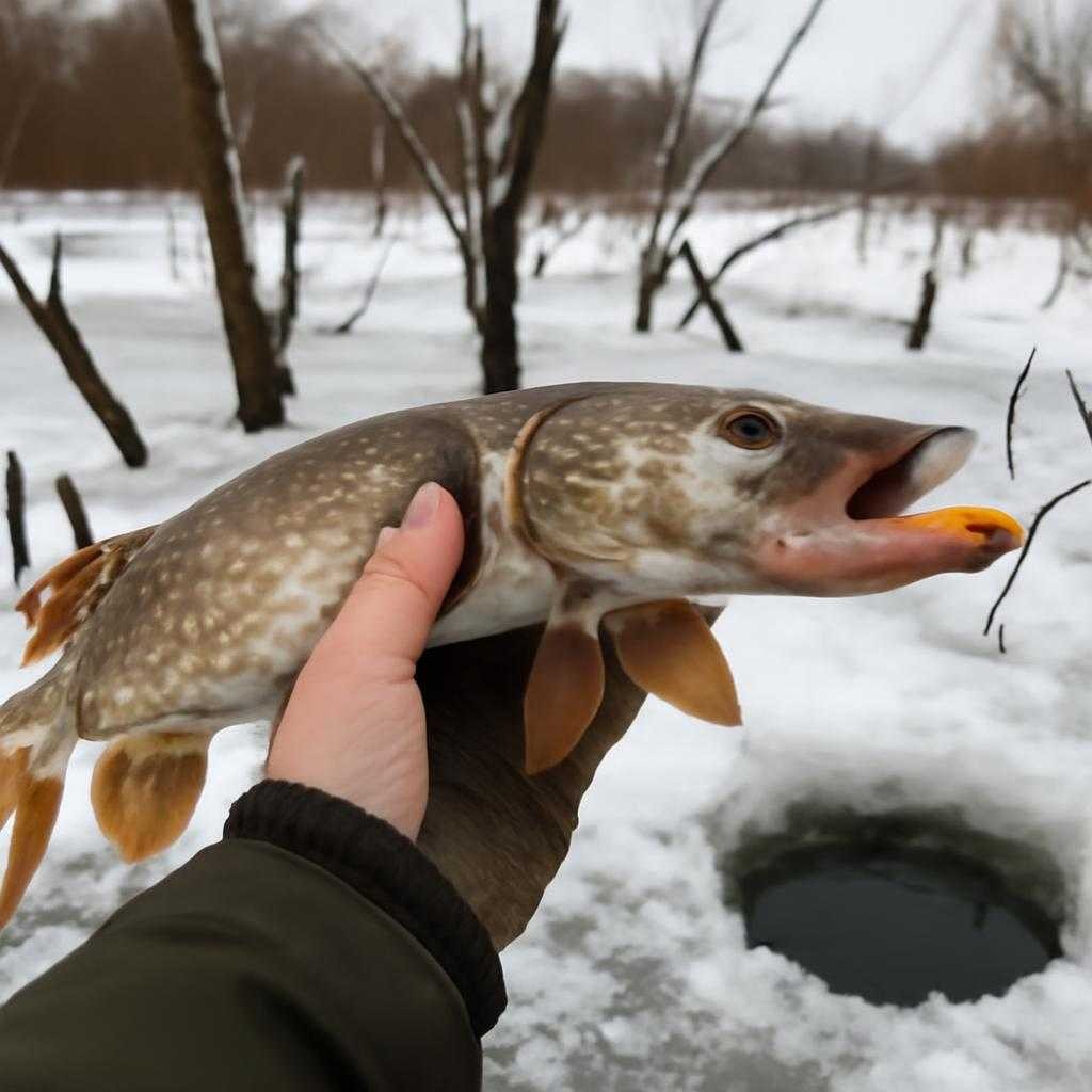 ловля щуки на зимних затопленных коряжниках